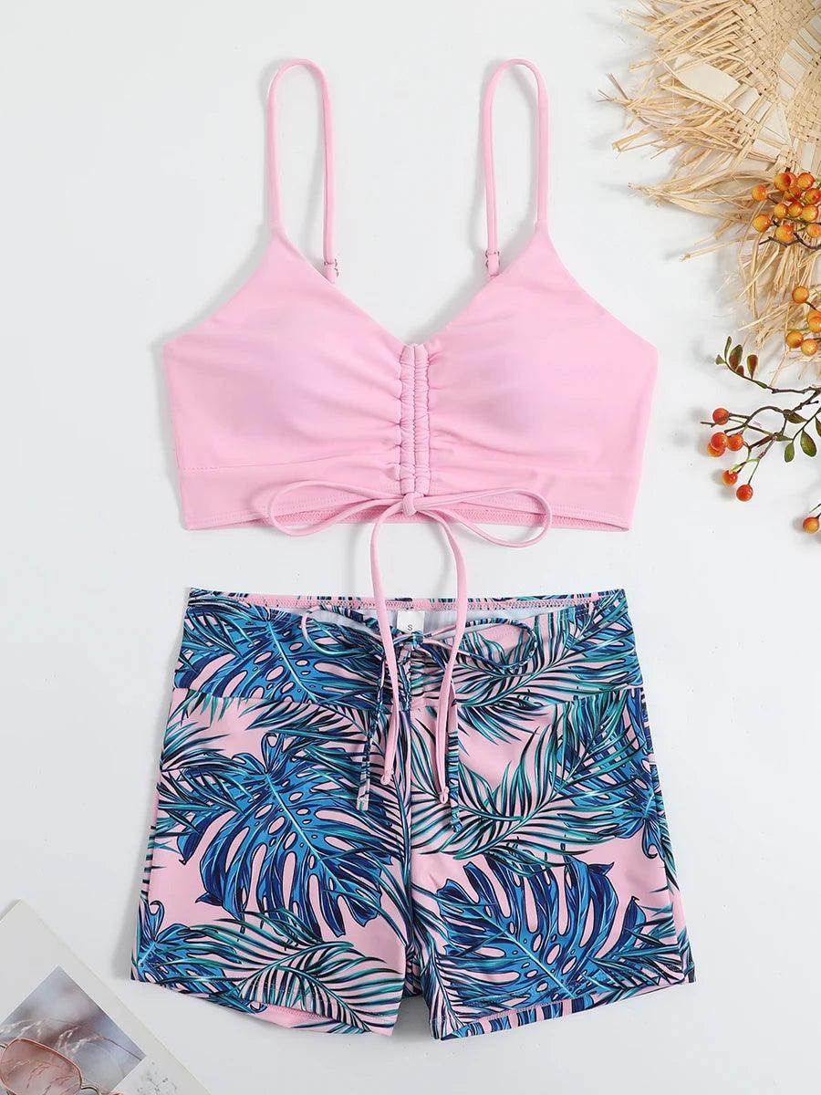 Yolanda Drawstring Bikini Top and High-Waisted Printed Leaves Swim Shorts- Pink - Koda Fashion & Decor - Free Shipping