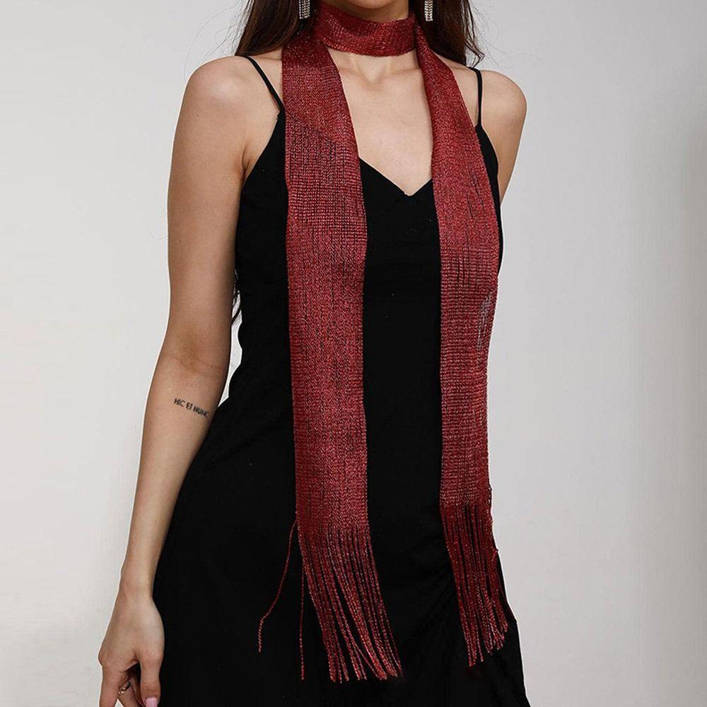 Metallic Dacron Tassel Scarf - Wine Red - Koda Store - Free Shipping