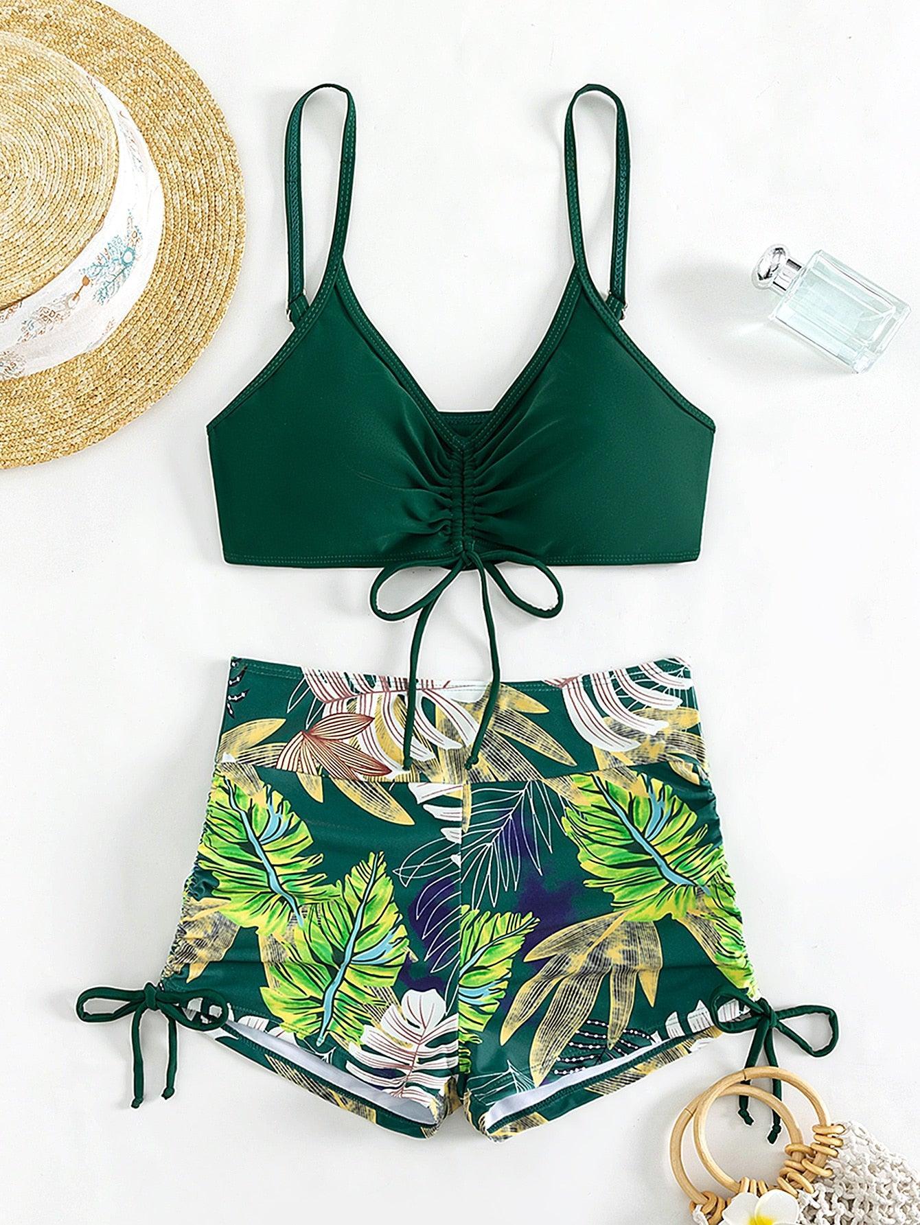 Yolanda Drawstring Bikini Top and High-Waisted Printed Leaves Swim Shorts- Forest Green - Koda Fashion & Decor - Free Shipping
