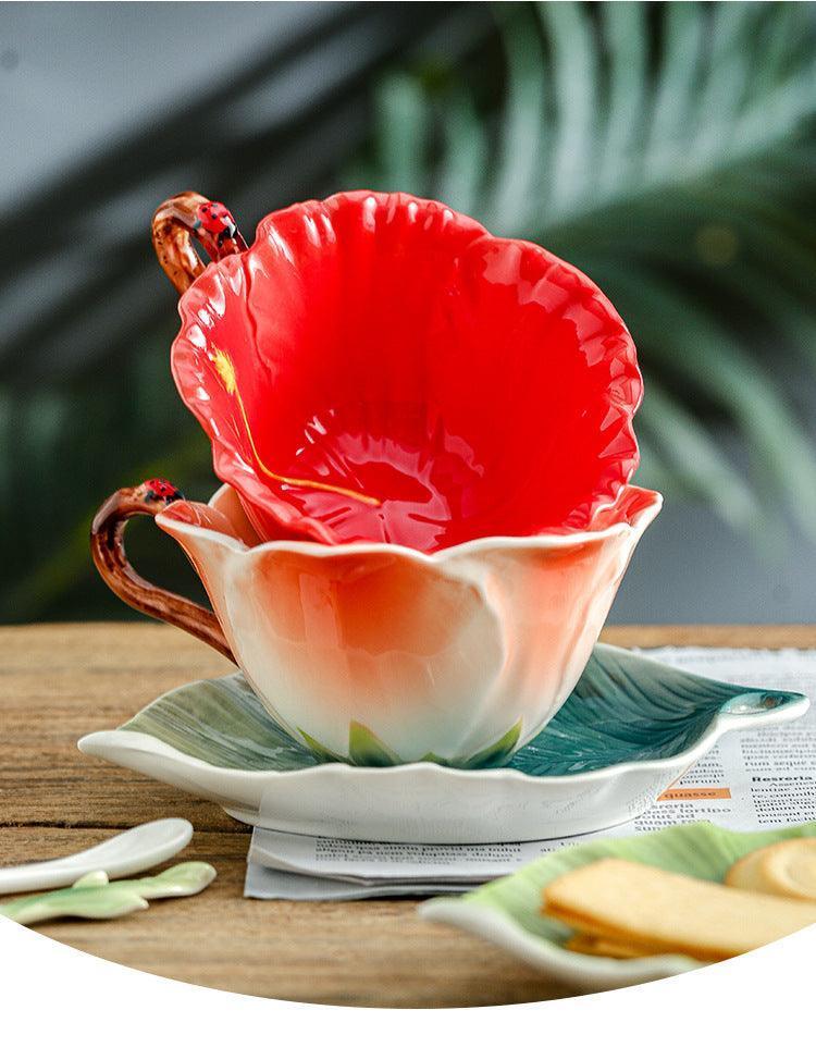Hibiscus Ceramic Teacup & Saucer Set- Pink - Koda Store - Free Shipping
