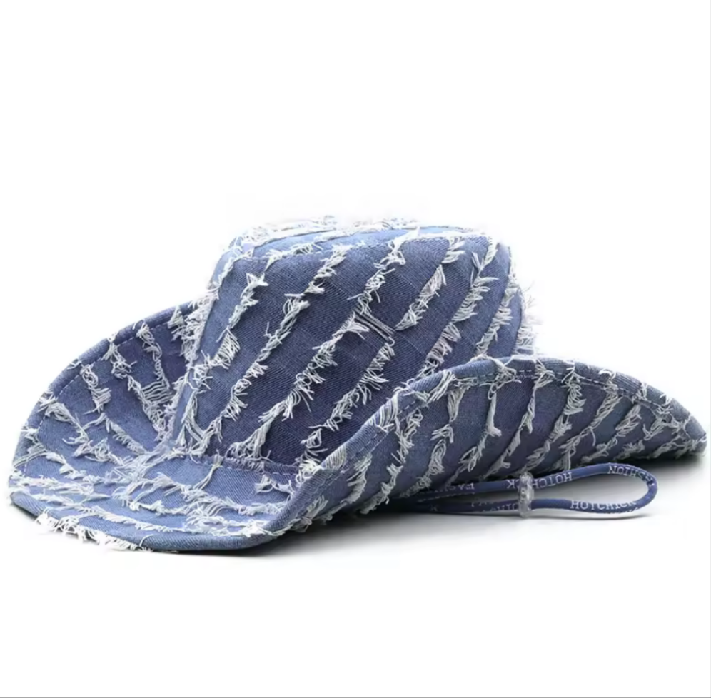 Washed Denim Striped Wide Brim Cowboy Hat - Koda Store - Free Shipping