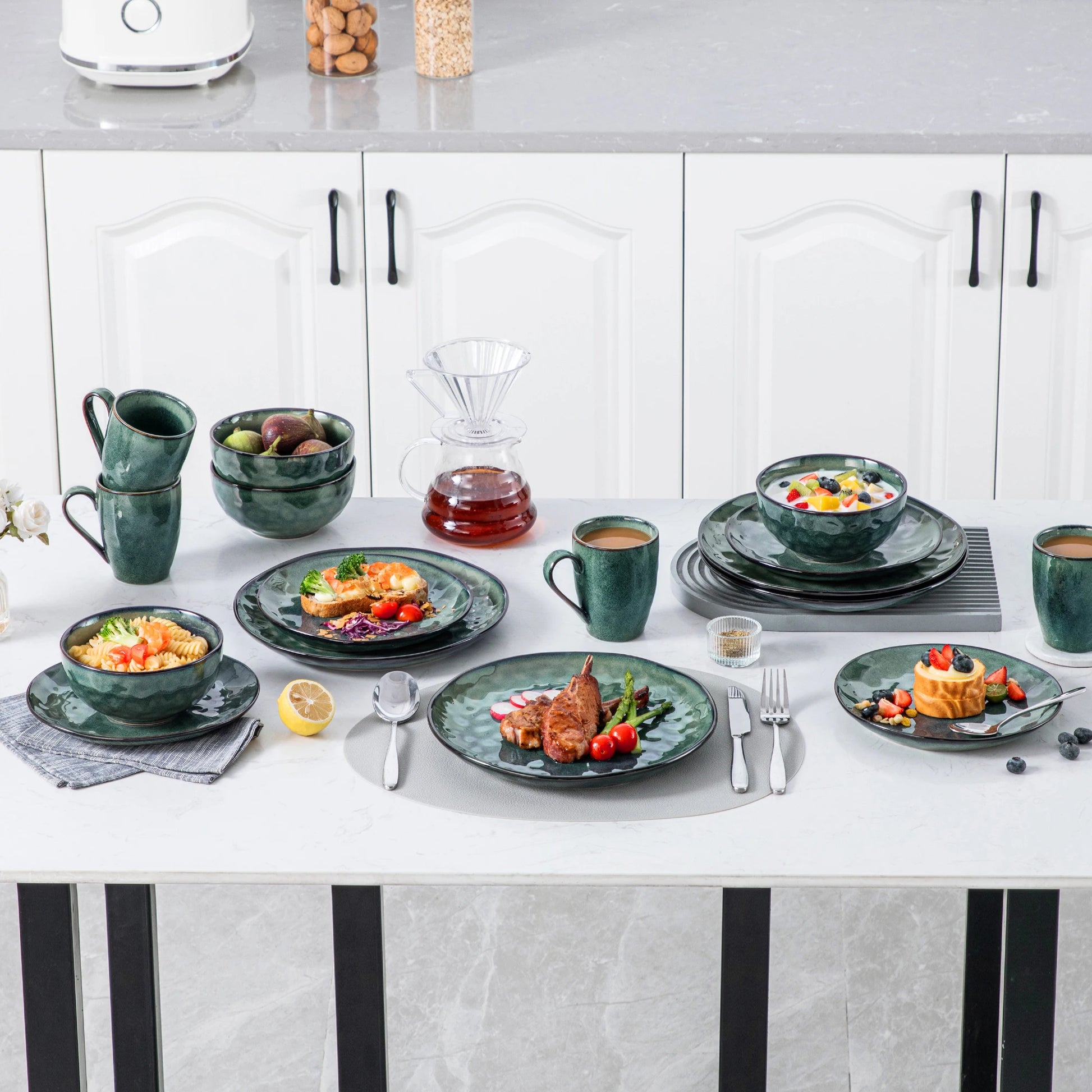 Natural Earth Green Kiln-Glazed Stoneware Dinnerware Set - Dinner Plate, Bowl, Mug, Dessert Plate - 16/32/48 Pieces