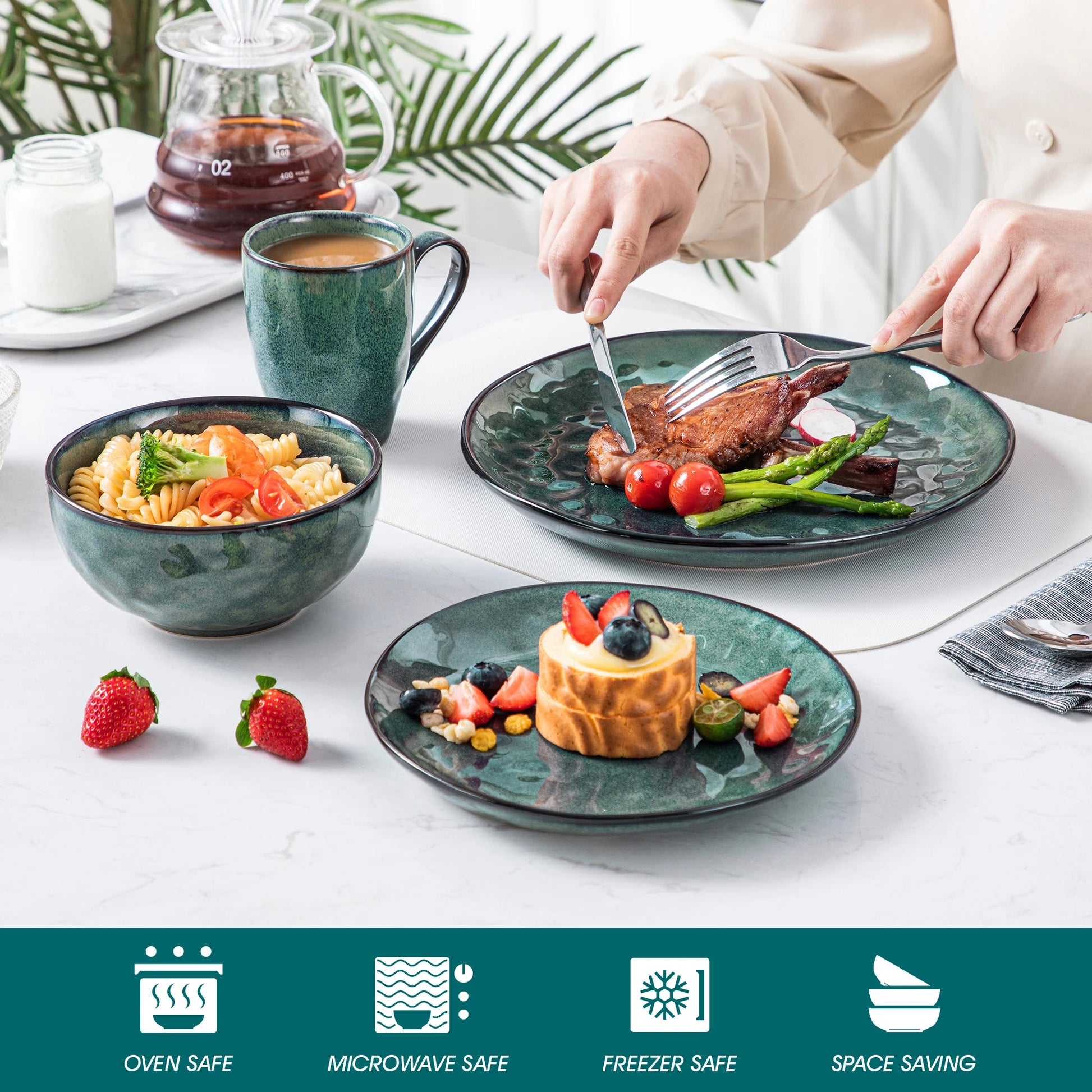 Natural Earth Green Kiln-Glazed Stoneware Dinnerware Set - Dinner Plate, Bowl, Mug, Dessert Plate - 16/32/48 Pieces