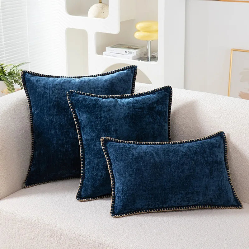 Solid Color Blue Chenille Throw Pillow Case Luxury Lumbar Pillowcase for Bed Sofa Couch Cushion Cover with Stitched Edge Home - Koda Store - Free Shipping