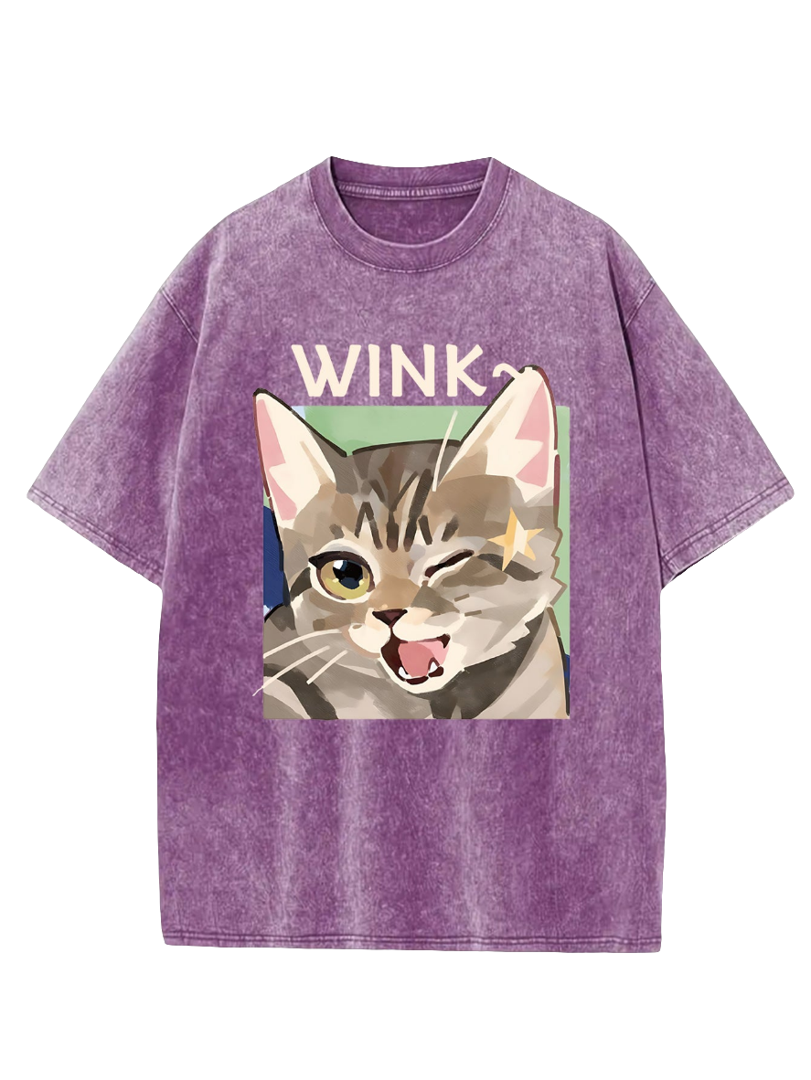 Cute Kitty Wink Printed Acid Wash Crew Neck T-Shirt - Koda Store - Free Shipping