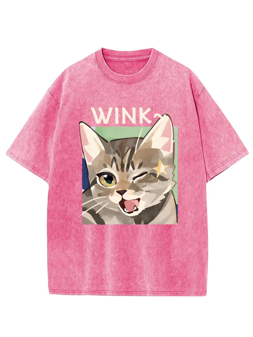 Cute Kitty Wink Printed Acid Wash Crew Neck T-Shirt - Koda Store - Free Shipping