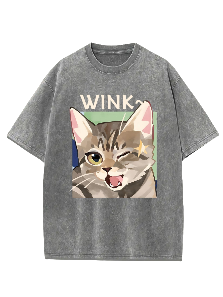Cute Kitty Wink Printed Acid Wash Crew Neck T-Shirt - Koda Store - Free Shipping
