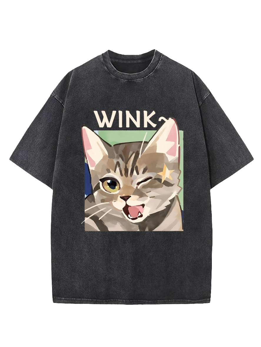 Cute Kitty Wink Printed Acid Wash Crew Neck T-Shirt - Koda Store - Free Shipping