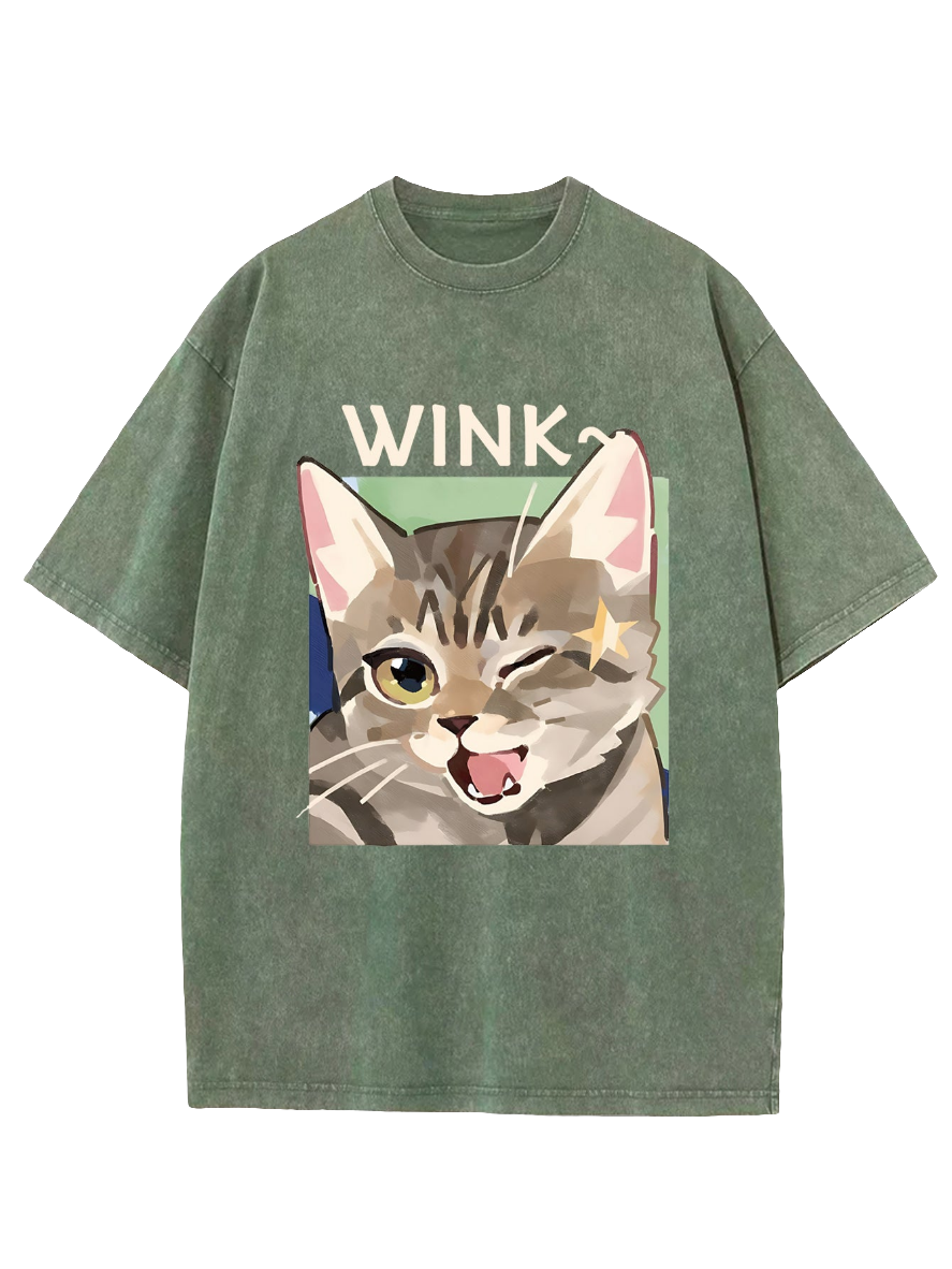 Cute Kitty Wink Printed Acid Wash Crew Neck T-Shirt - Koda Store - Free Shipping