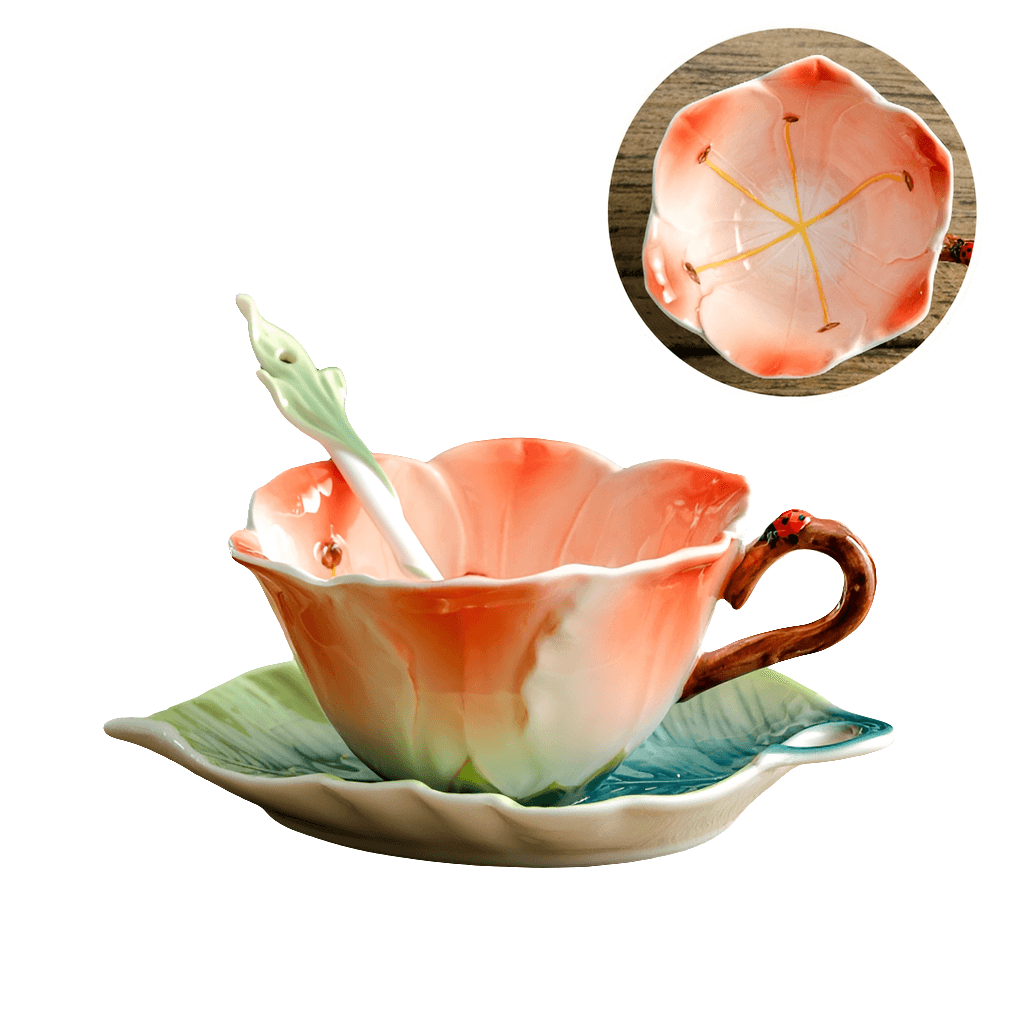 Hibiscus Ceramic Teacup & Saucer Set- Pink - Koda Store - Free Shipping