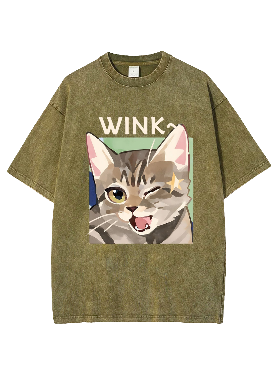 Cute Kitty Wink Printed Acid Wash Crew Neck T-Shirt - Koda Store - Free Shipping