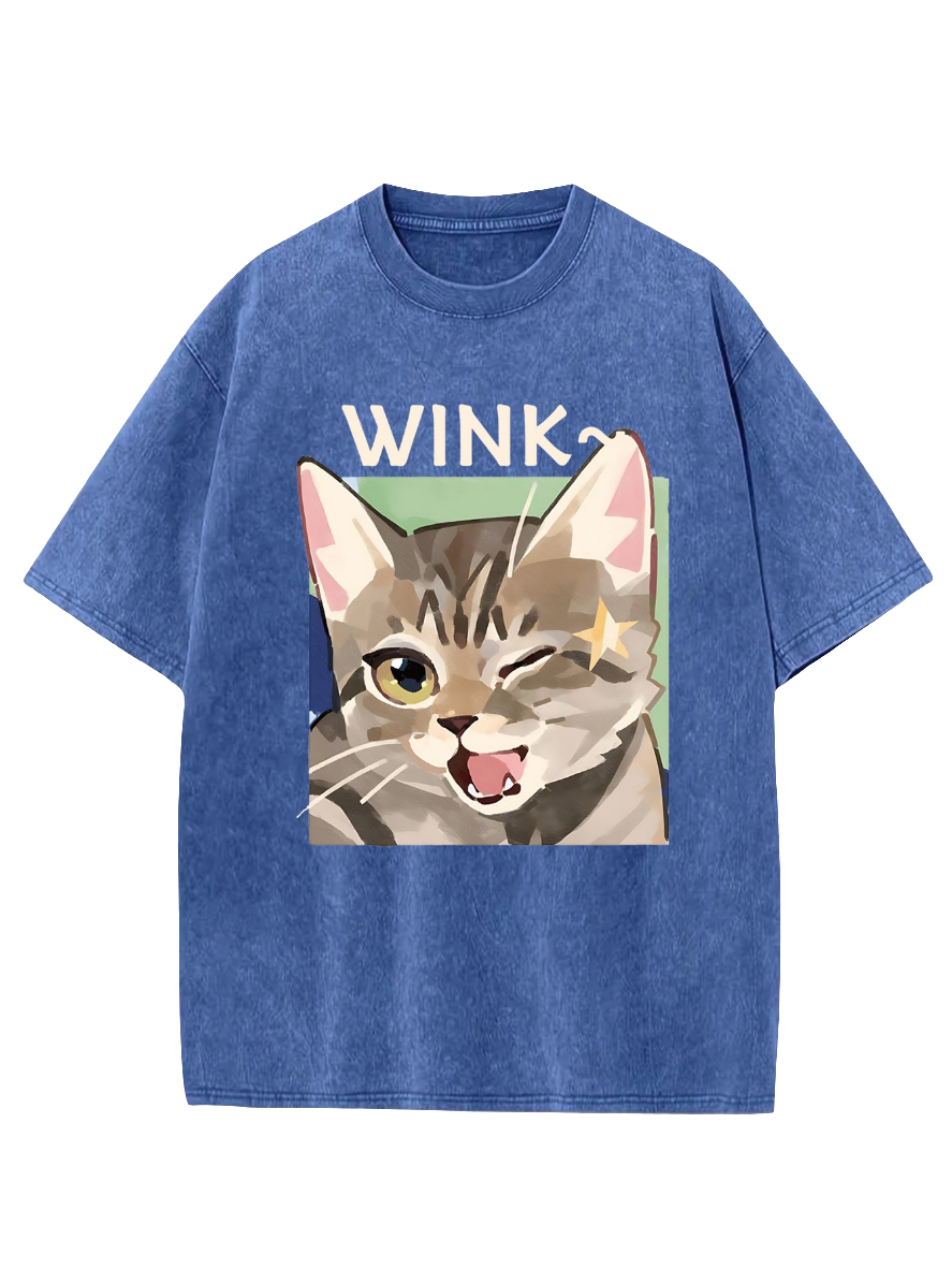Cute Kitty Wink Printed Acid Wash Crew Neck T-Shirt - Koda Store - Free Shipping