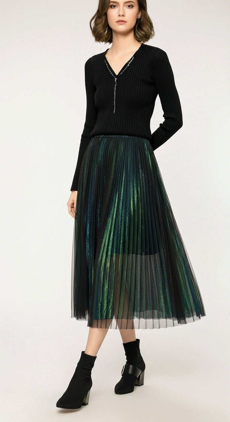 Malachite Mesh Pleated Lined Midi Skirt - Koda Store - Free Shipping