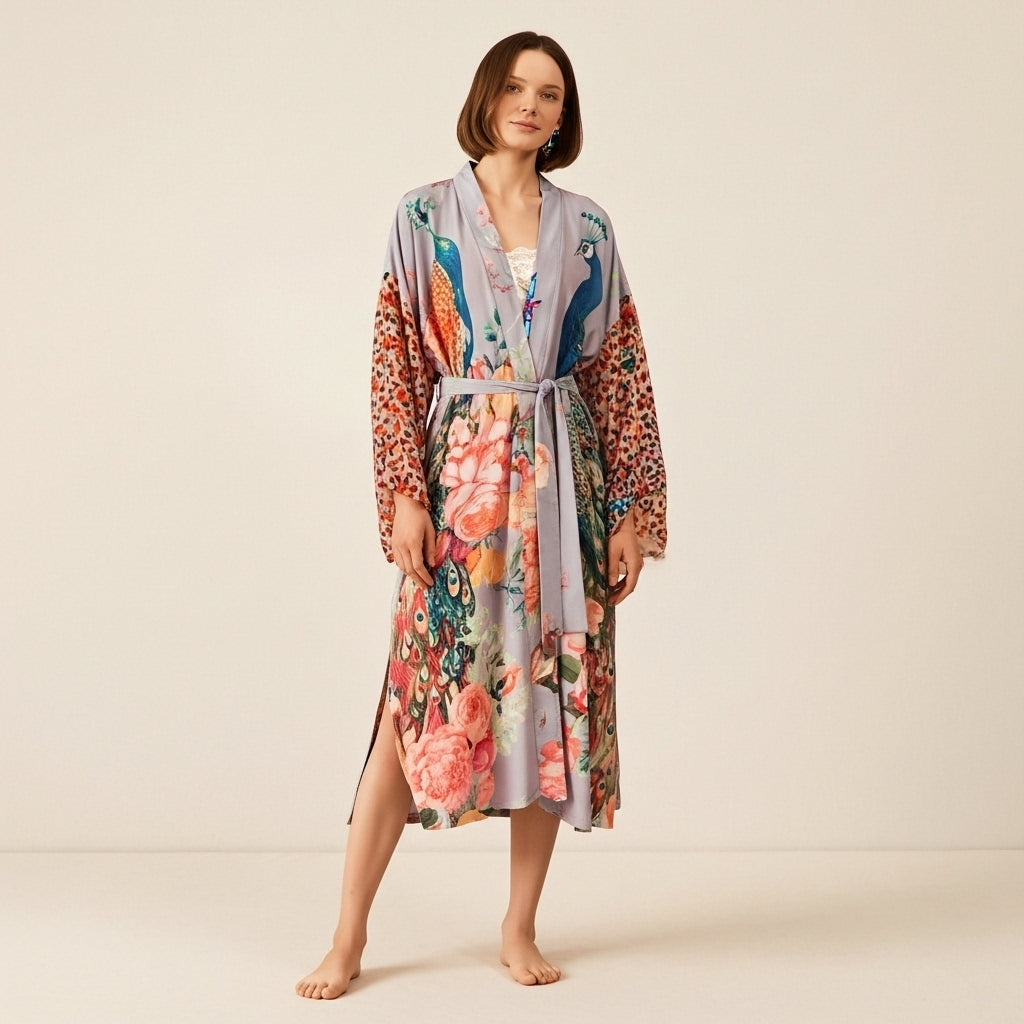 Peacock Reverie Kimono Dressing Gown - Koda Store - Free Shipping