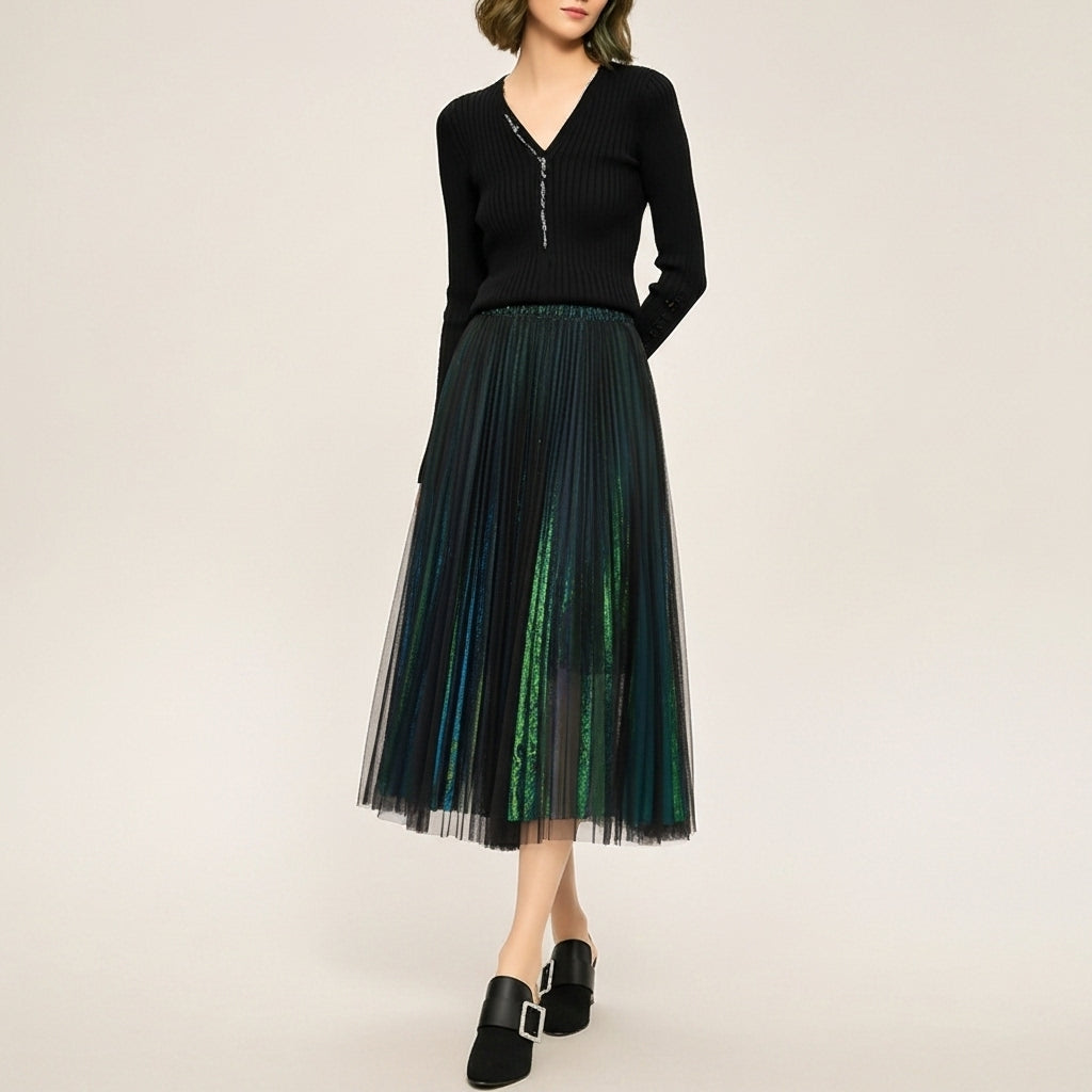 Malachite Mesh Pleated Lined Midi Skirt - Koda Store - Free Shipping
