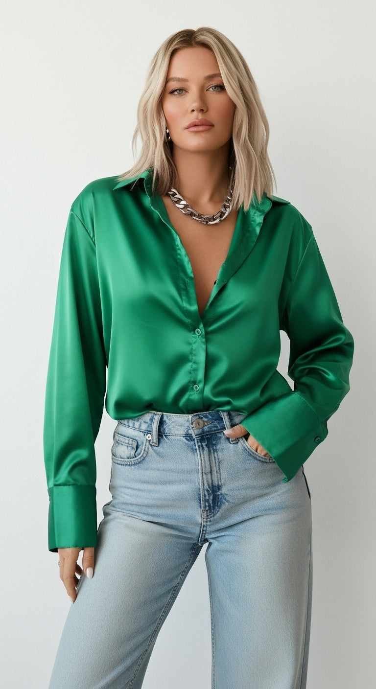 Vintage Lapel Satin Blouse in Emerald Green