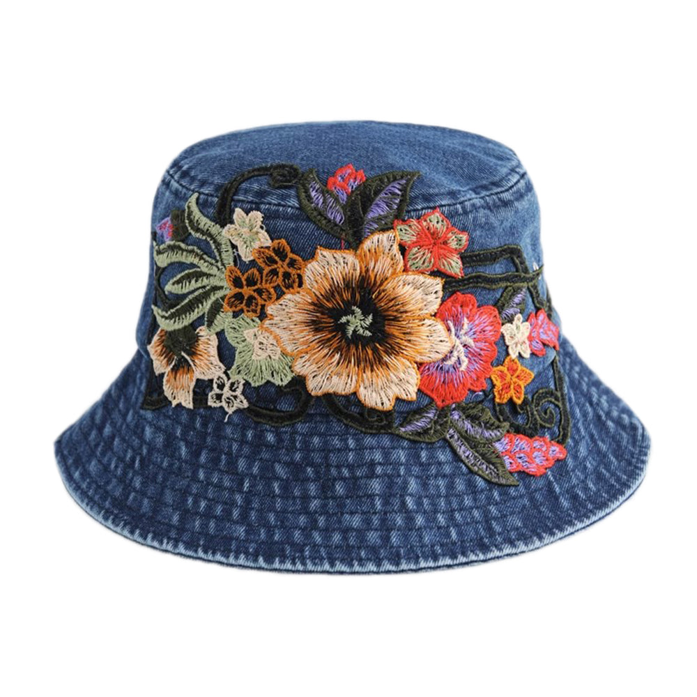 Sunset Stitch - Floral Embroidery Denim Bucket Hat - Koda Store - Free Shipping