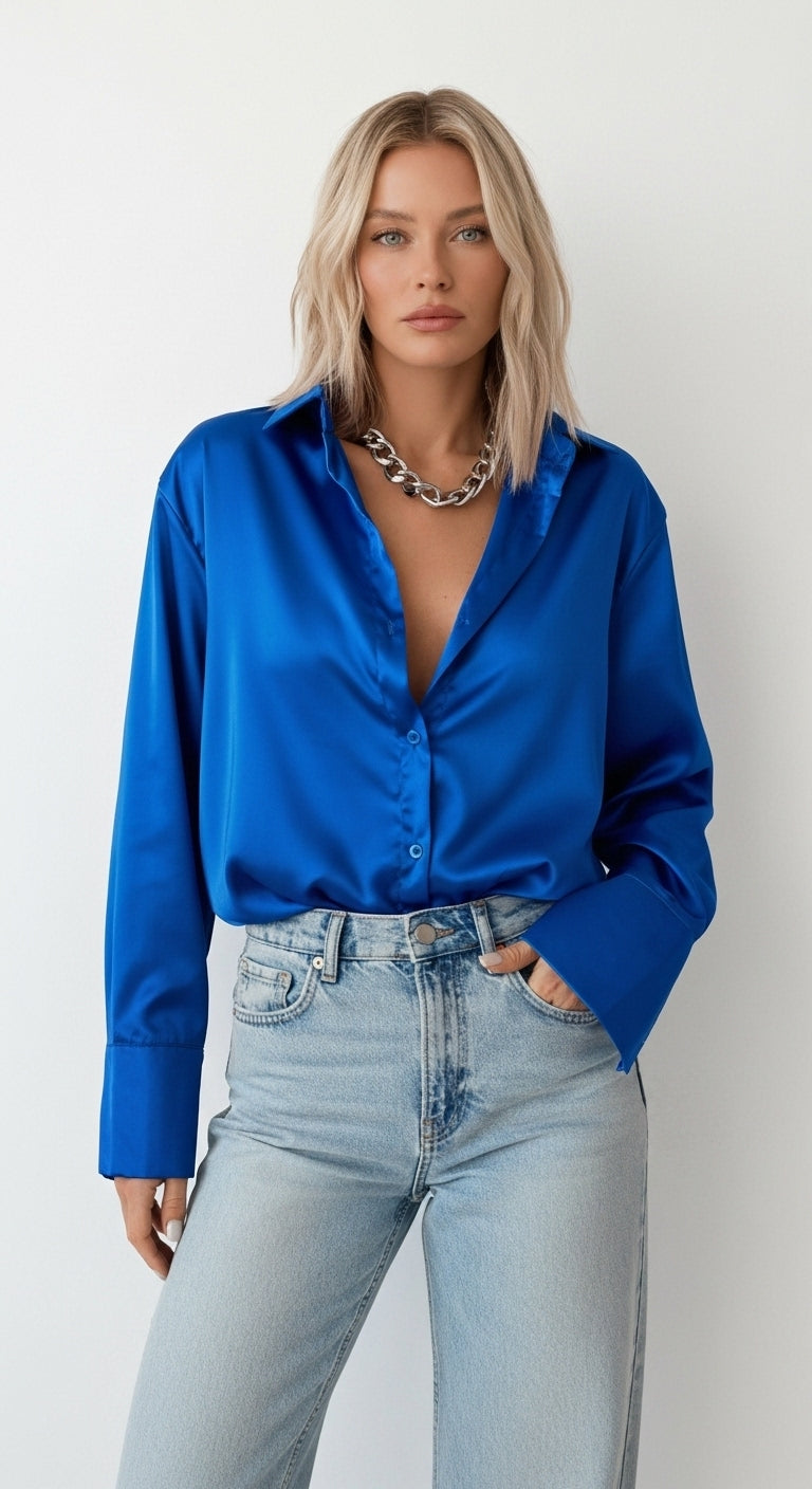 Vintage Lapel Satin Blouse in Royal Blue