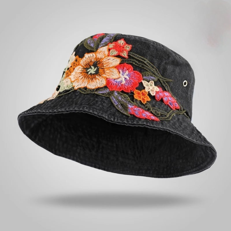 Sunset Stitch - Floral Embroidery Denim Bucket Hat - Koda Store - Free Shipping
