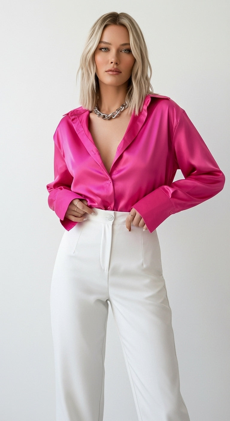 Vintage Lapel Satin Blouse in Rose Pink