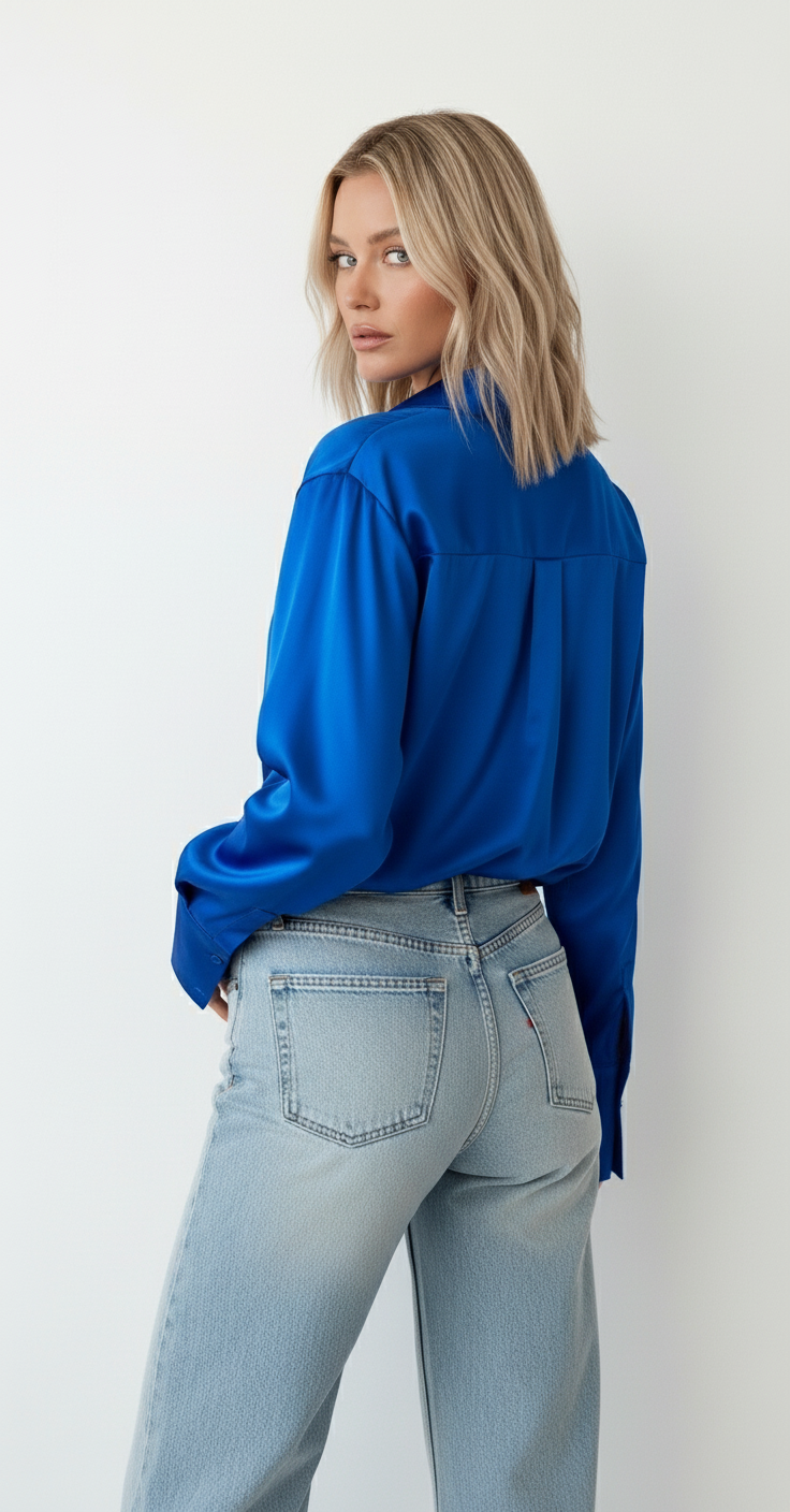 Vintage Lapel Satin Blouse in Royal Blue