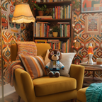 Kawaii Kanye West Plush toy bear with colorful eyes and a gray jacket, retro themed room 