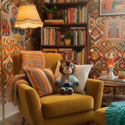 Kawaii Kanye West Plush toy bear with colorful eyes and a gray jacket, retro themed room 