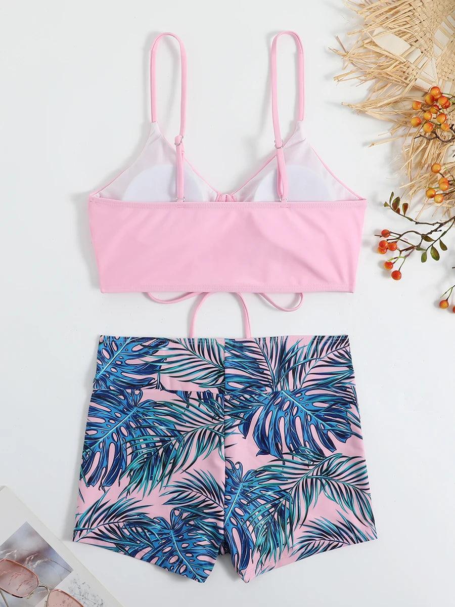 Yolanda Drawstring Bikini Top and High-Waisted Printed Leaves Swim Shorts- Pink - Koda Fashion & Decor - Free Shipping