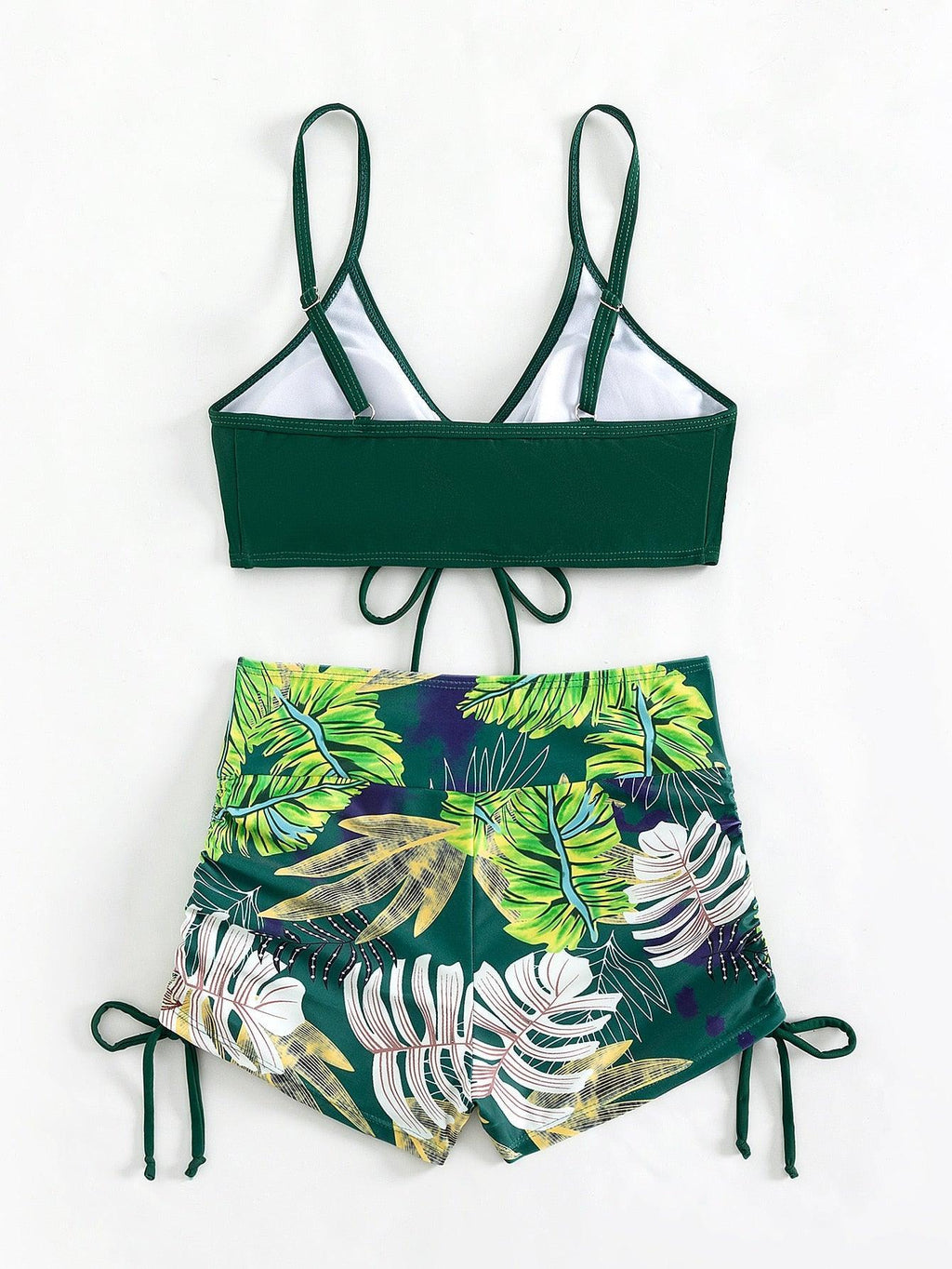 Yolanda Drawstring Bikini Top and High-Waisted Printed Leaves Swim Shorts- Forest Green - Koda Fashion & Decor - Free Shipping