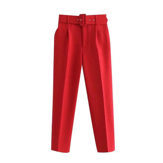 Billie High-Waisted Buckle Pants in Red - Koda Fashion & Decor - Free Shipping