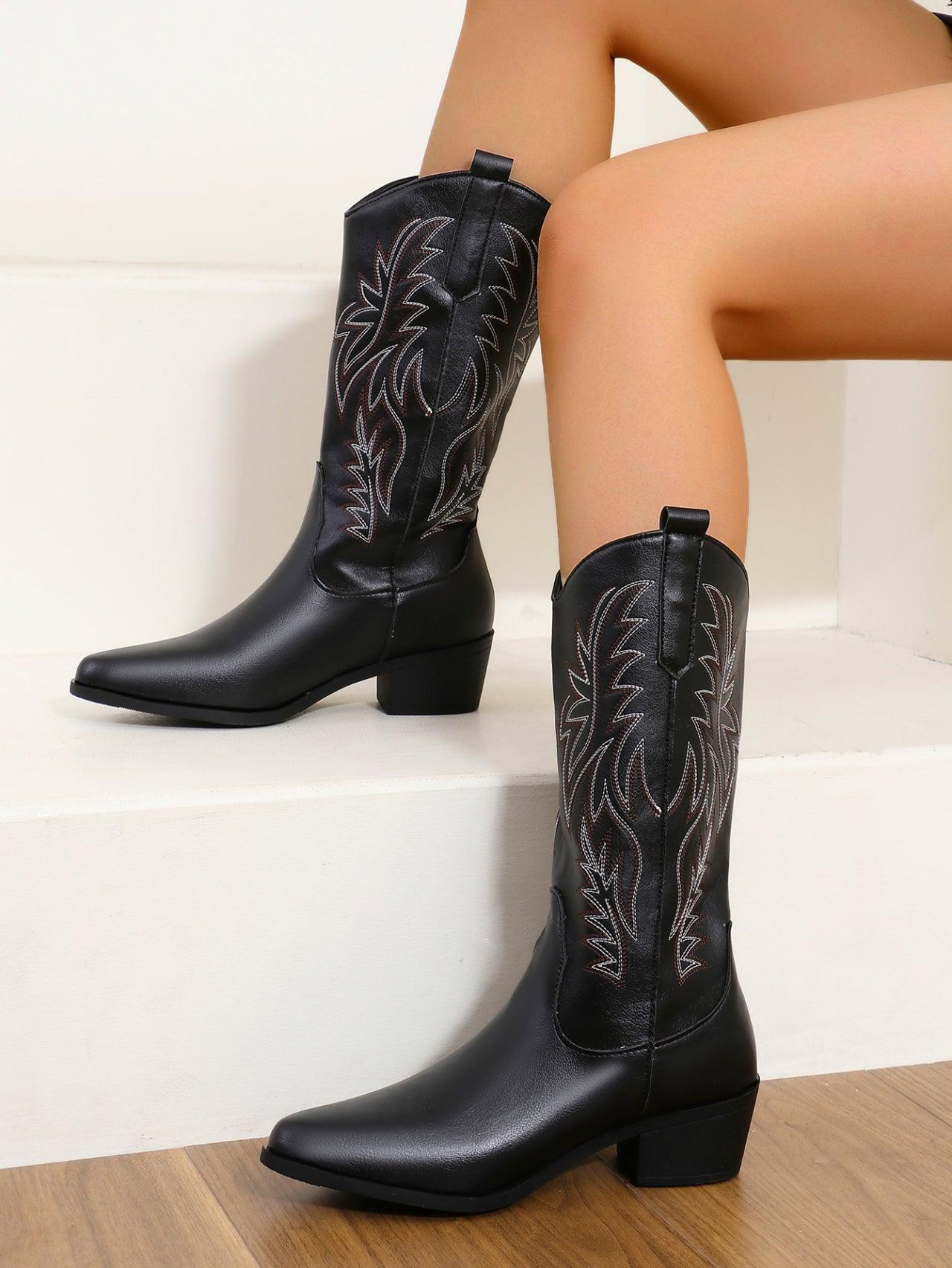 Embroidered Cowgirl Boots in Black - Koda Fashion & Decor - Free Shipping