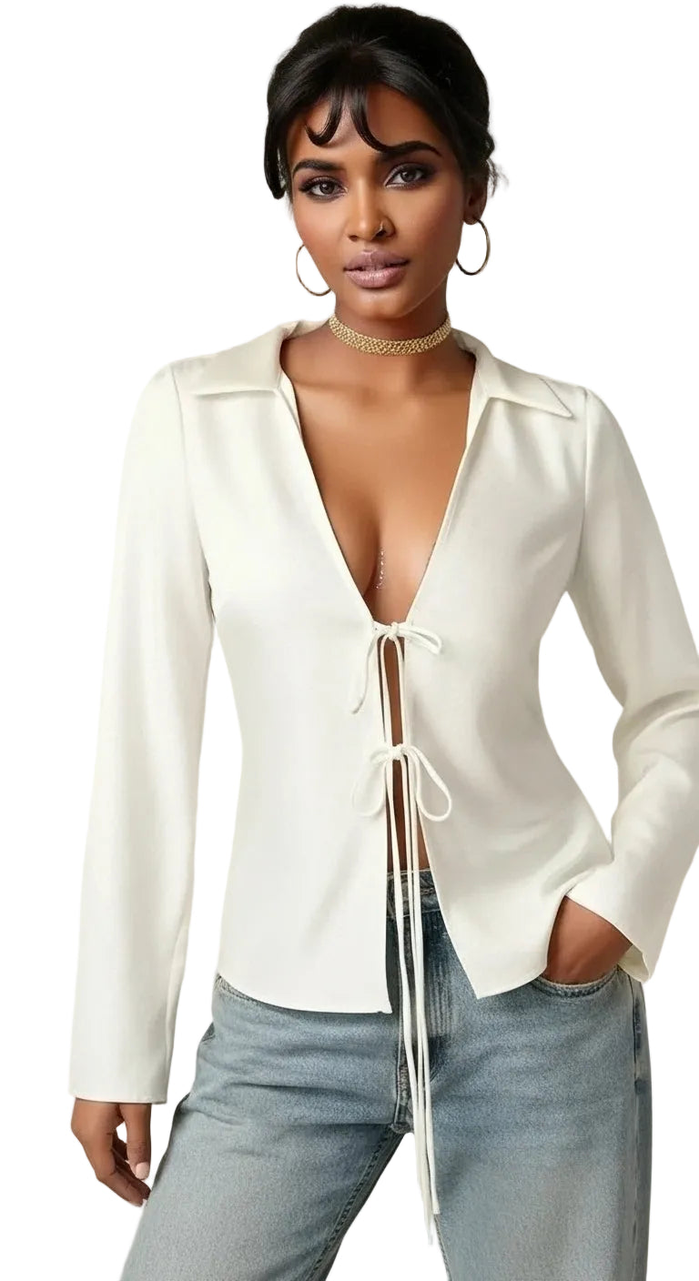 Zara Tie-Front Shirt - White - Koda Store - Free Shipping