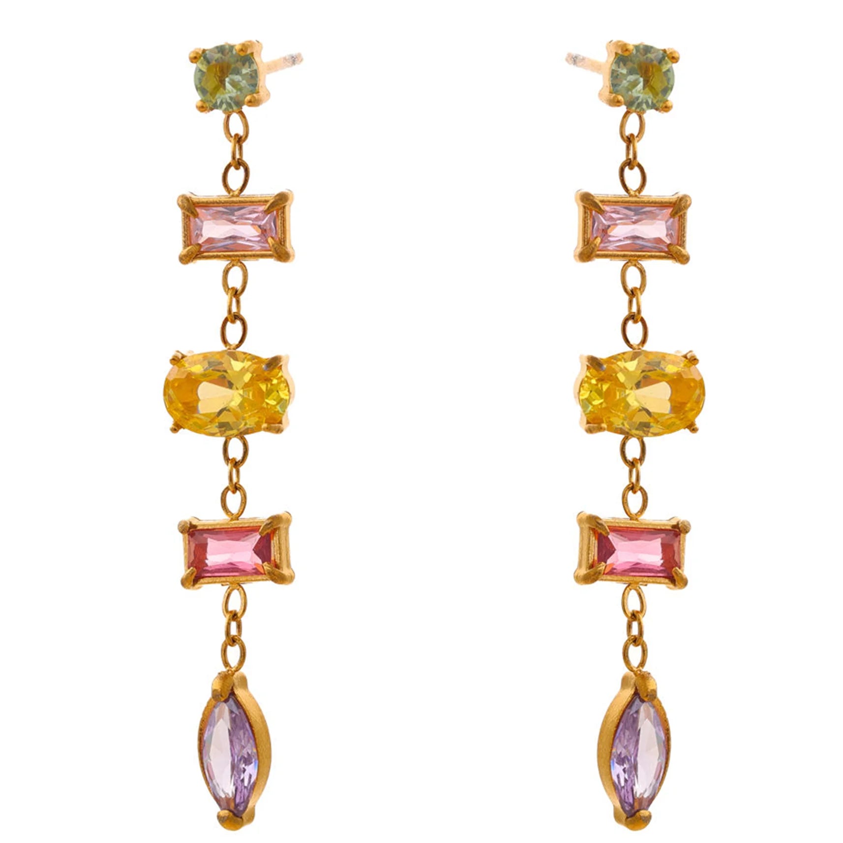 Gold-Plated Multi-Gemstone Dangle Drop Earrings - Pastel Rainbow & Clear Cubic Zirconia