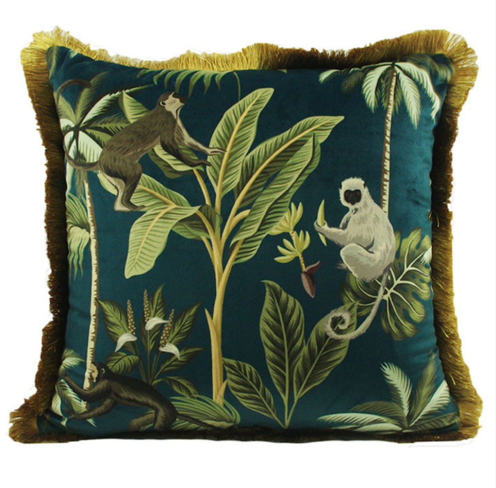 Tropical Jungle Monkey Print Emerald Green Tassel Cushion Koda Store