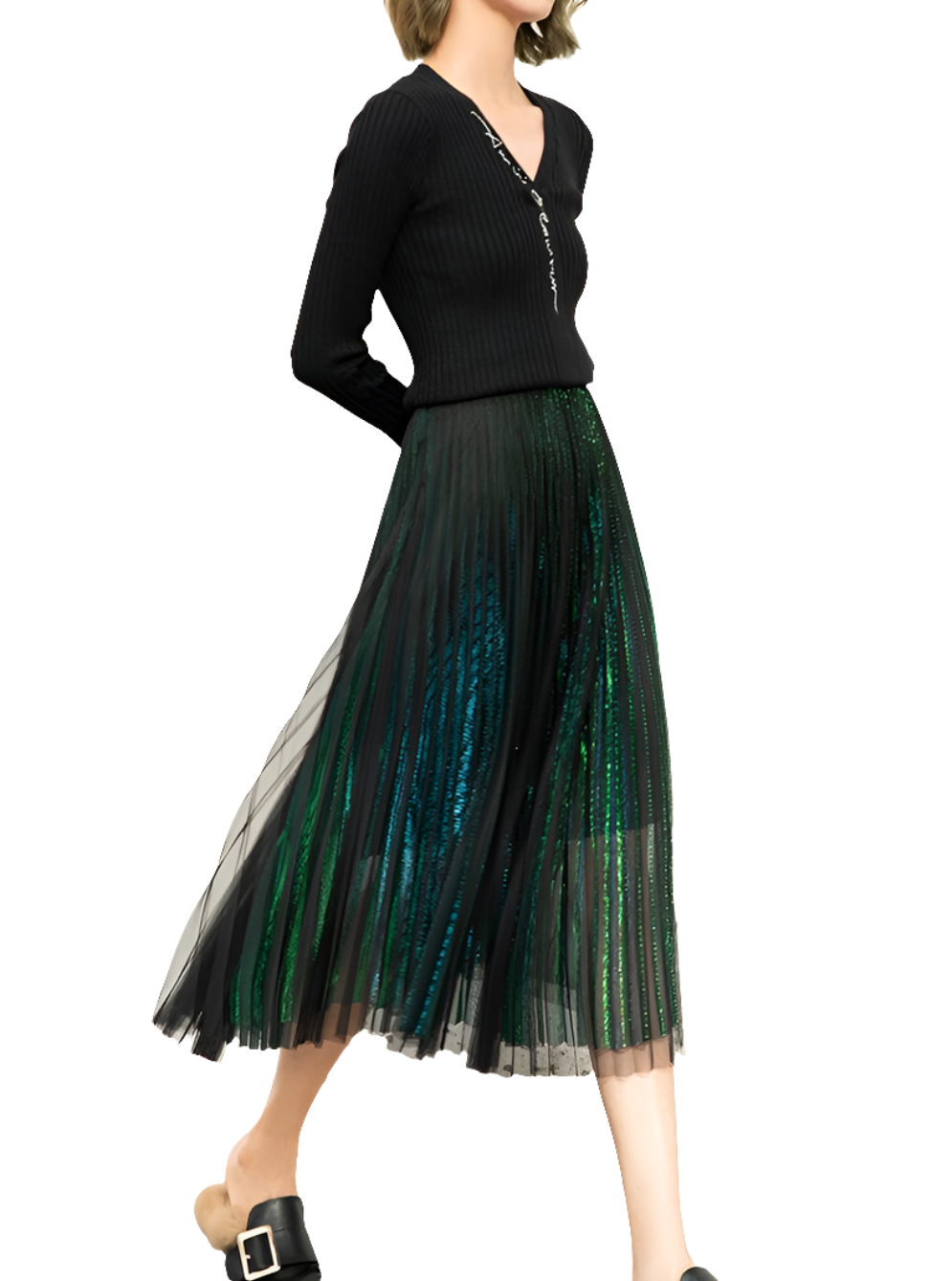 Malachite Mesh Pleated Lined Midi Skirt - Koda Store