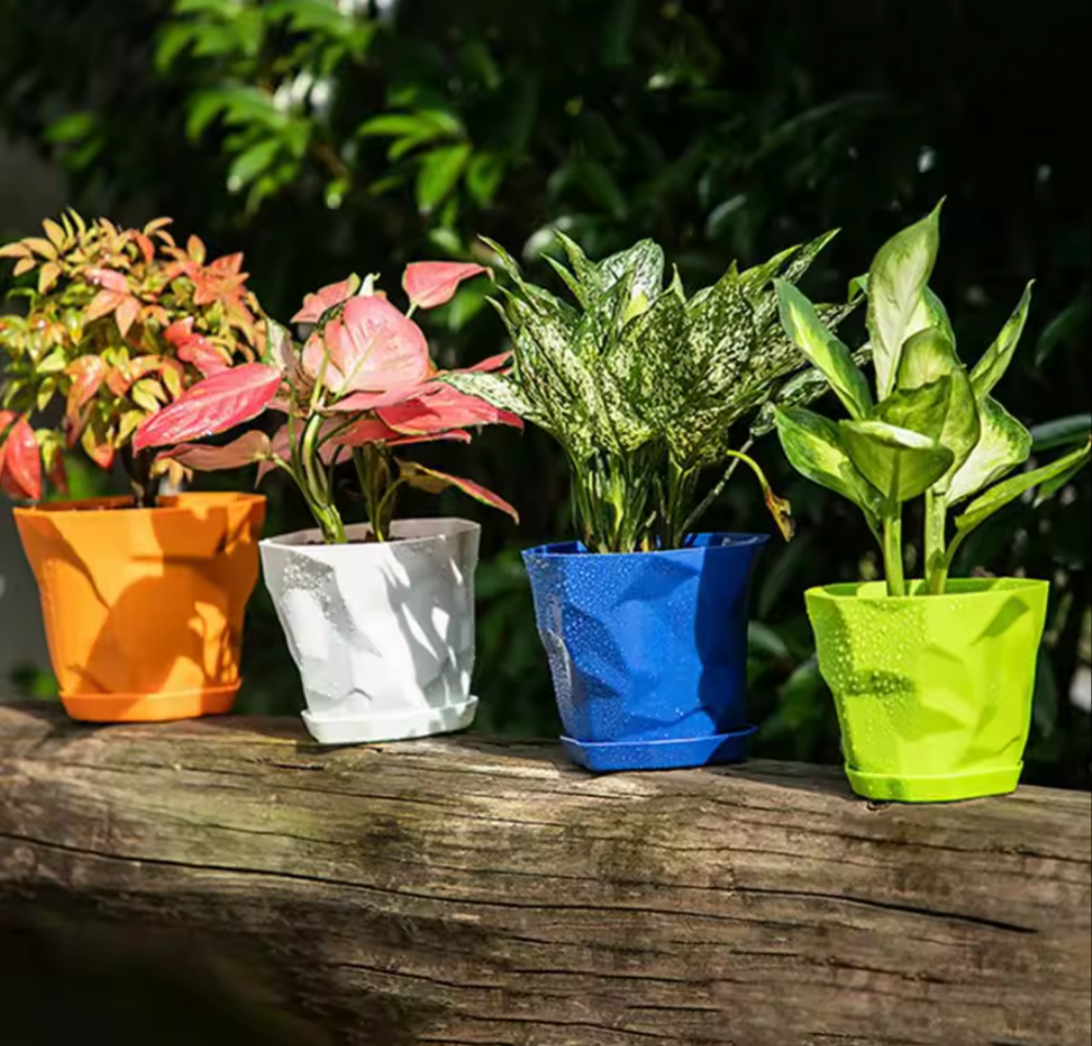 Geometric Textured Flower Planter Pot with Drainage Tray- Green - Koda Store - Free Shipping