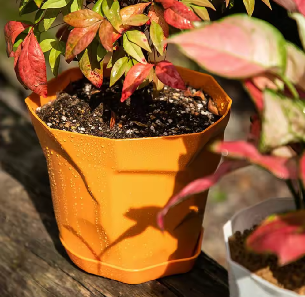 Geometric Textured Flower Planter Pot with Drainage Tray- Orange - Koda Store - Free Shipping