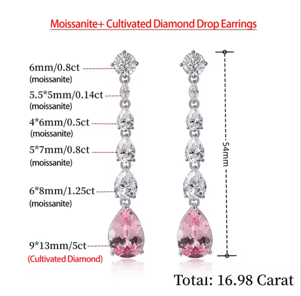 Pink Cultivated Diamond Long Tassel 100% S925 Sterling Silver Moissanite Drop Earrings 16.98ct