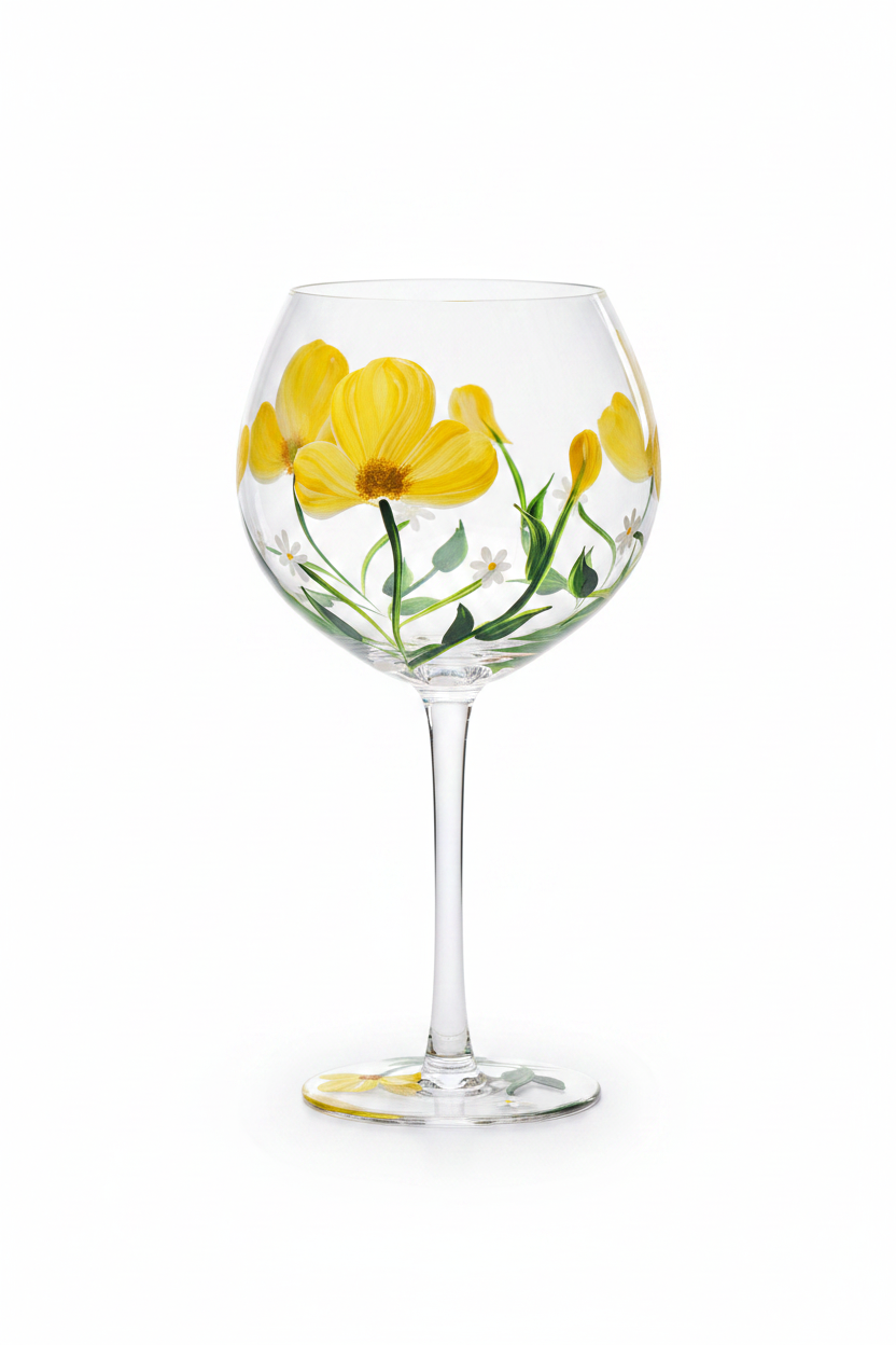 Wine glass with yellow floral design on a white background