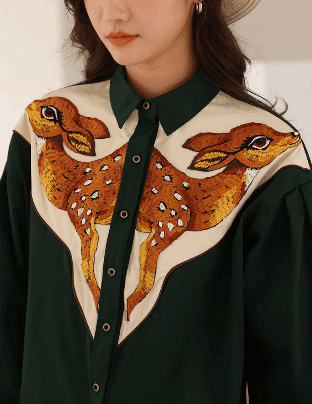 Bambi Embroidered Deer Heads Button-Up Shirt - Koda Fashion & Decor - Free Shipping