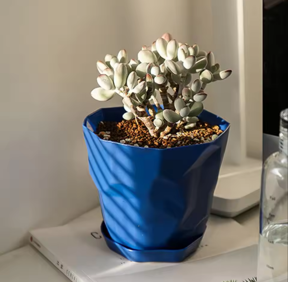 Geometric Textured Flower Planter Pot with Drainage Tray- Green - Koda Store - Free Shipping