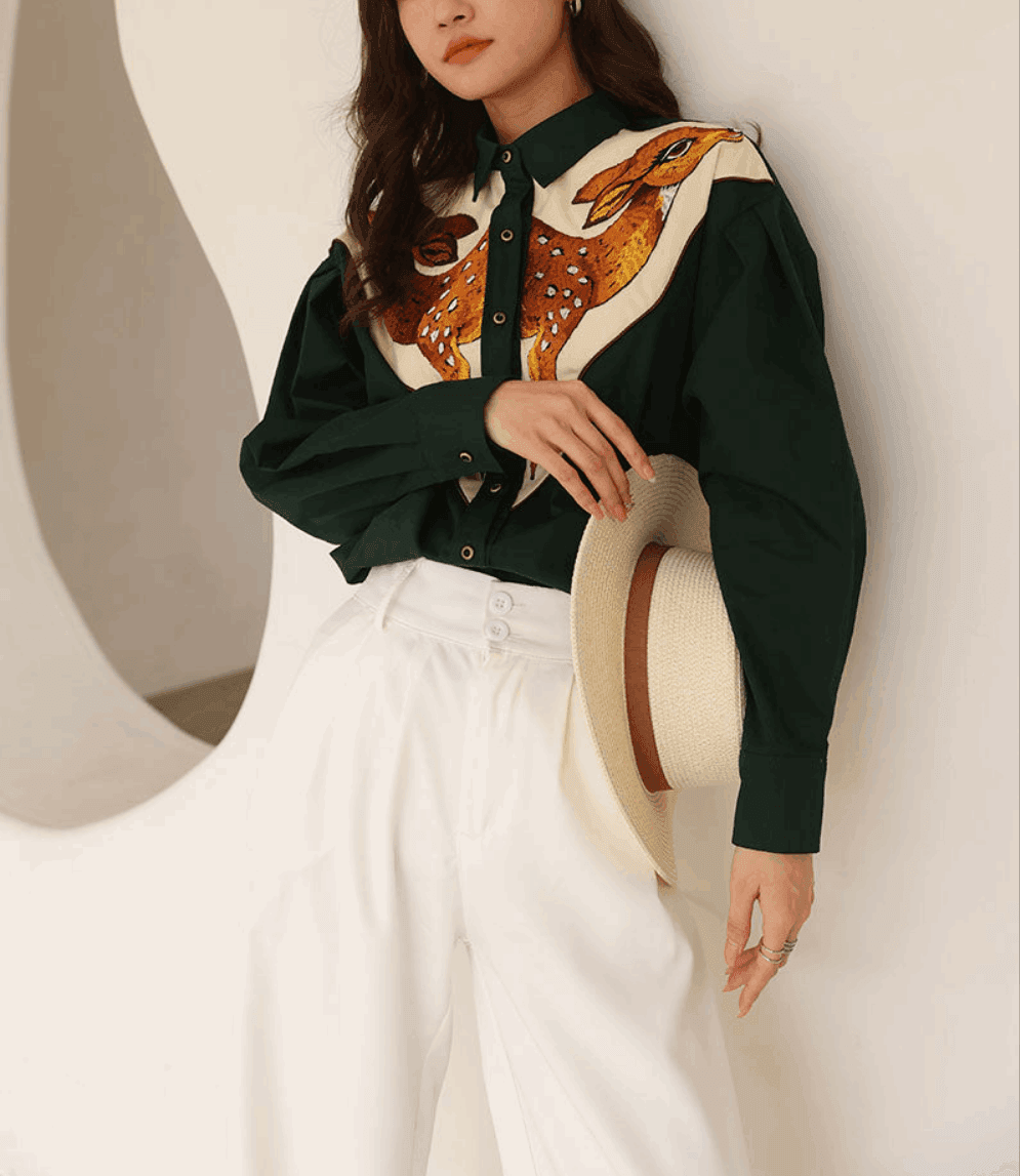 Bambi Embroidered Deer Heads Button-Up Shirt - Koda Fashion & Decor - Free Shipping