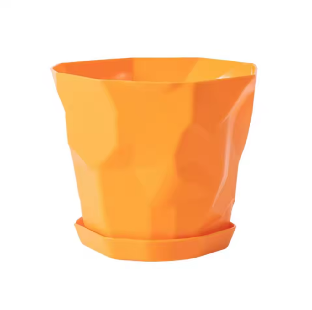Geometric Textured Flower Planter Pot with Drainage Tray- Orange - Koda Store - Free Shipping