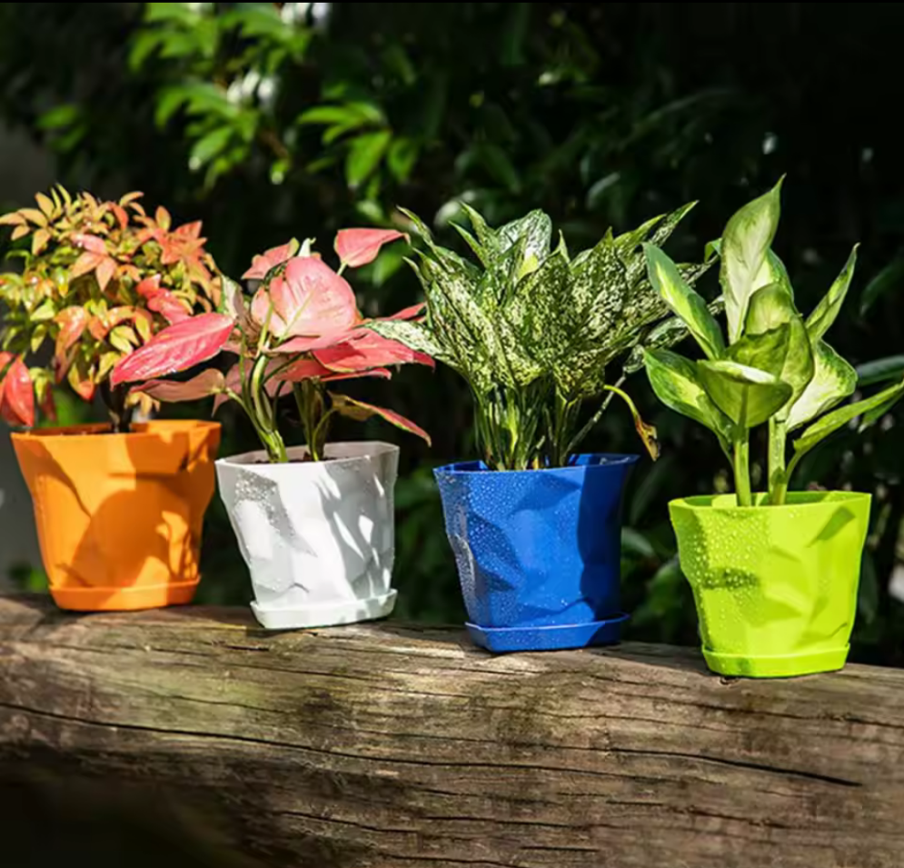 Geometric Textured Flower Planter Pot with Drainage Tray- Orange - Koda Store - Free Shipping