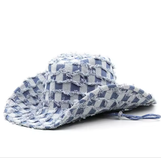 Washed Denim Check Frayed Cowboy Hat Koda Store Australia