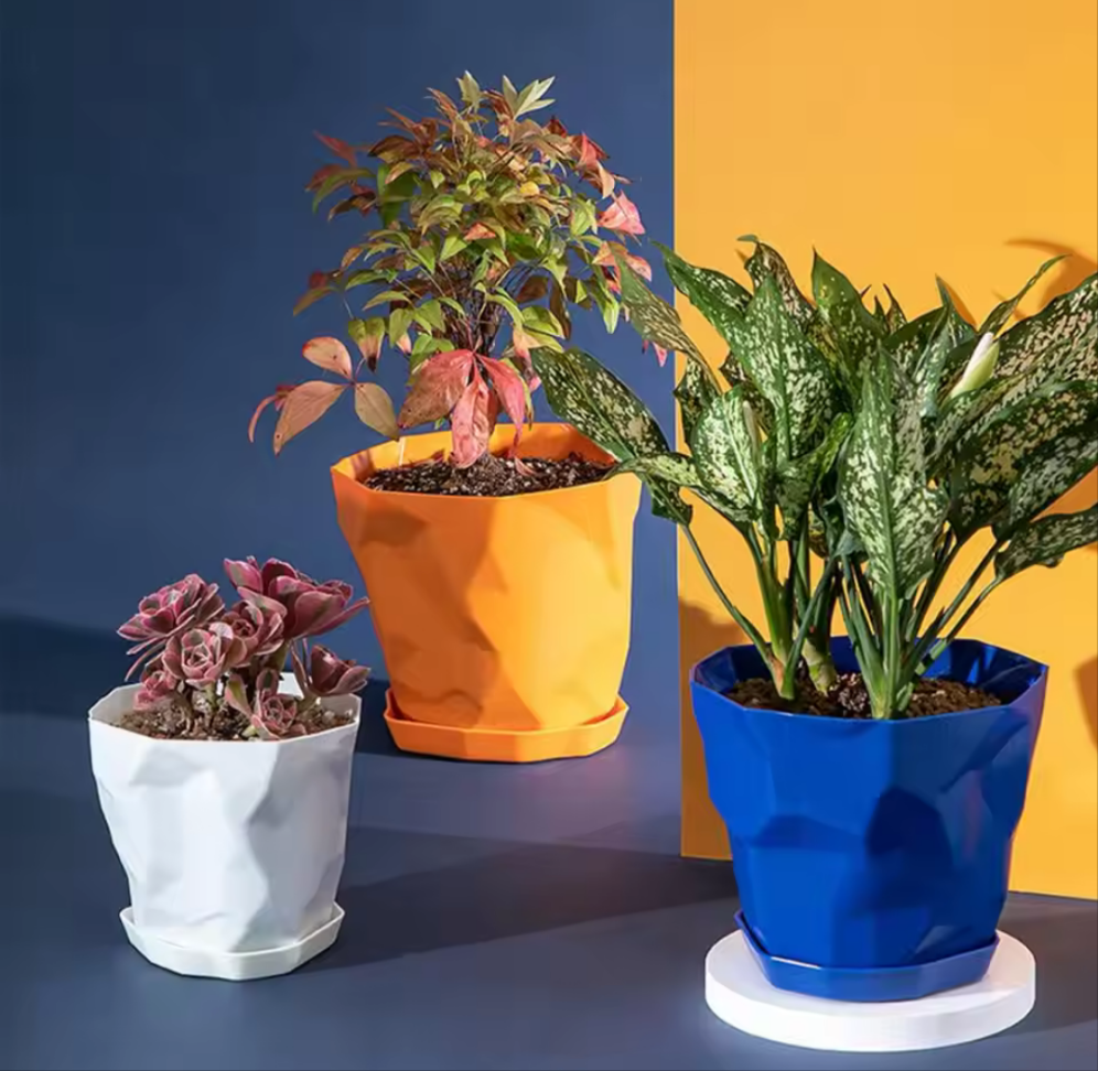 Geometric Textured Flower Planter Pot with Drainage Tray- Orange - Koda Store - Free Shipping