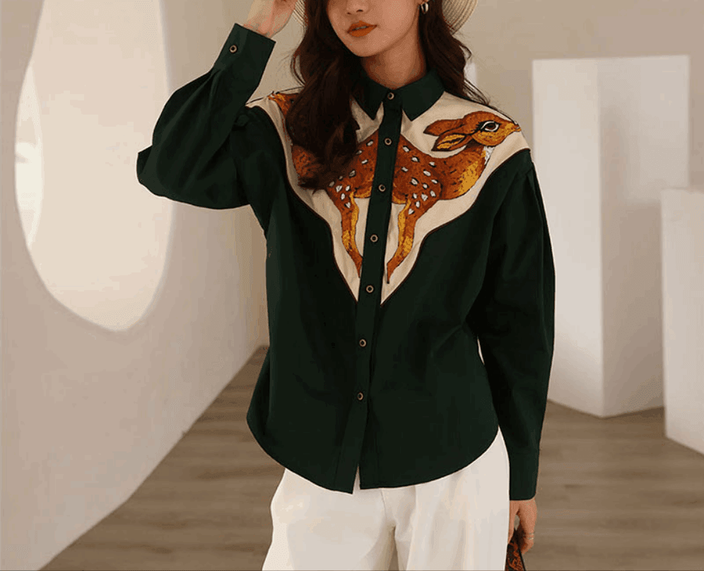 Bambi Embroidered Deer Heads Button-Up Shirt - Koda Fashion & Decor - Free Shipping