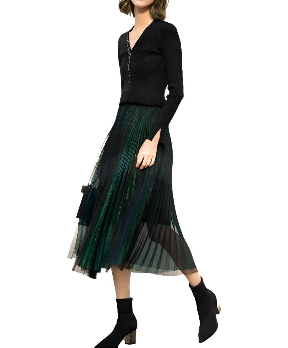 Malachite Mesh Pleated Lined Midi Skirt - Koda Store