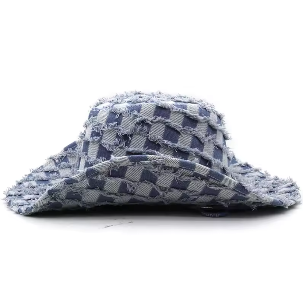 Washed Denim Check Frayed Cowboy Hat - Koda Store - Free Shipping