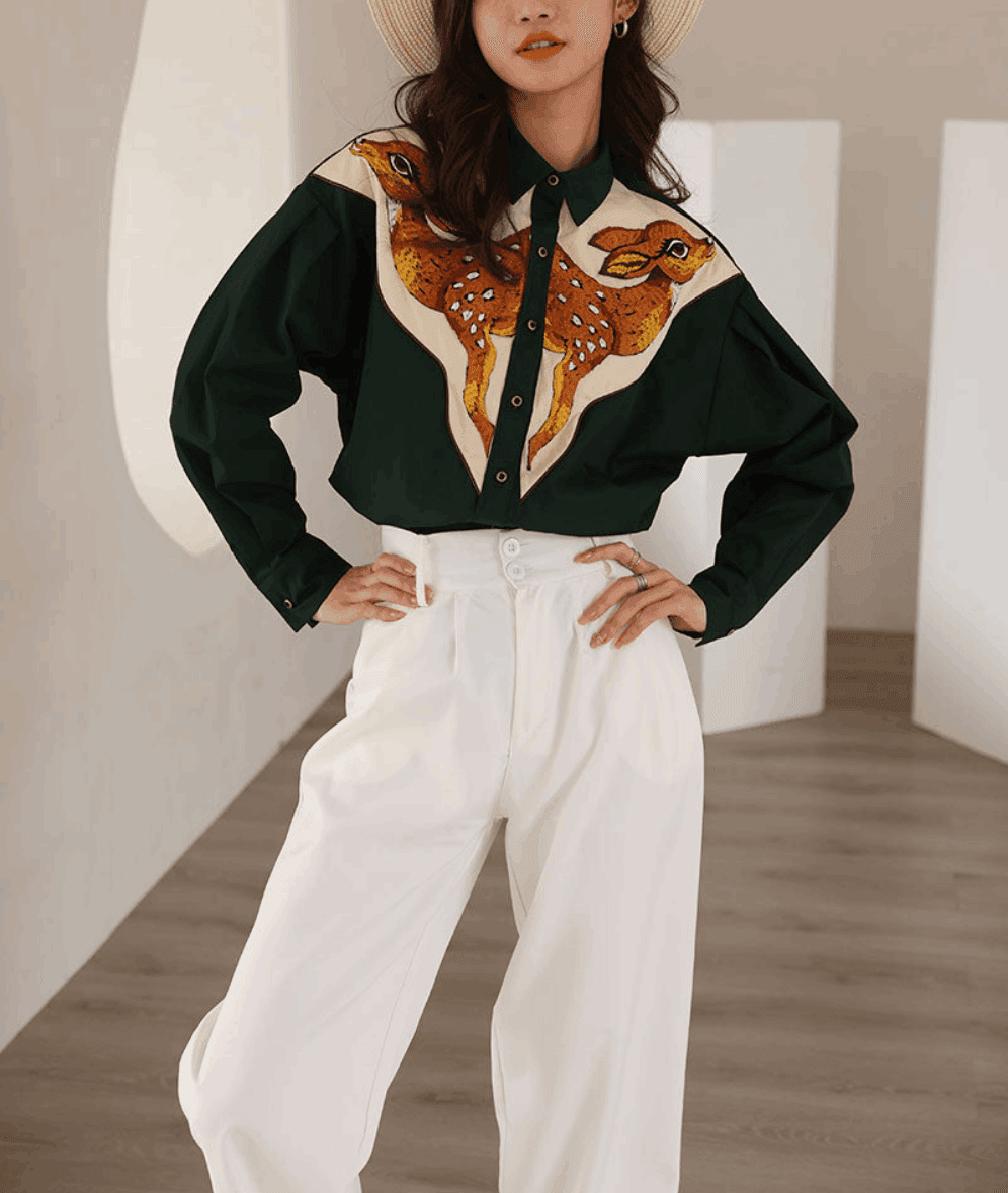 Bambi Embroidered Deer Heads Button-Up Shirt - Koda Fashion & Decor - Free Shipping
